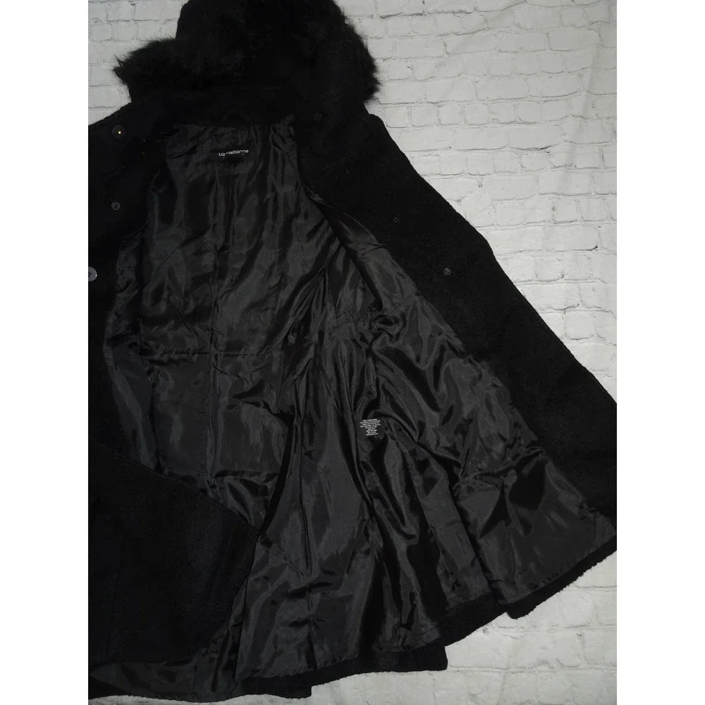 Liz Claiborne Sz M Women's Black Boucle Faux Fur Hooded Wool Blend Swing Coat - Picture 9 of 9